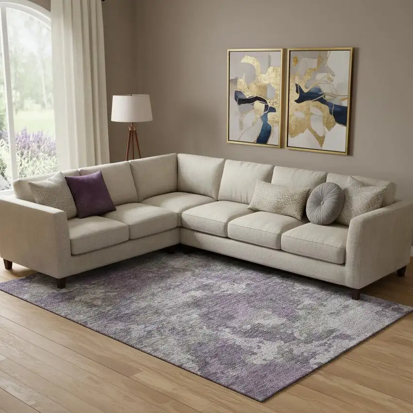 Purple And Gray Abstract Washable Area Rug With UV Protection Photo 2