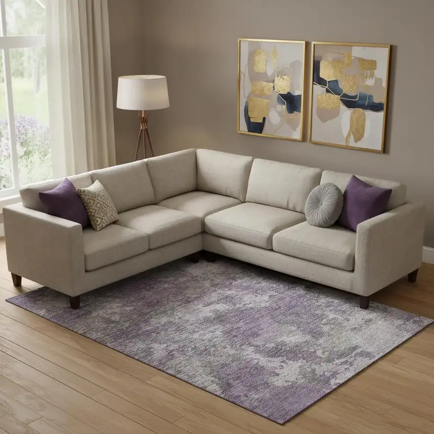 Purple And Gray Abstract Washable Area Rug With UV Protection Photo 2