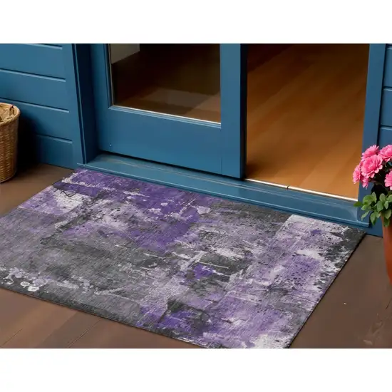 Purple And Gray Abstract Washable Indoor Outdoor Area Rug Photo 2