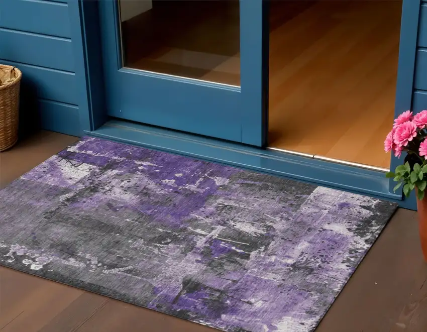Purple And Gray Abstract Washable Indoor Outdoor Area Rug Photo 2