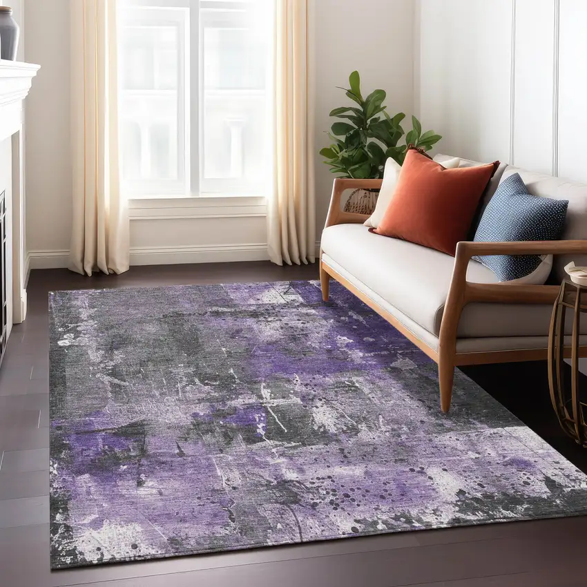 Purple And Gray Abstract Washable Indoor Outdoor Area Rug Photo 6