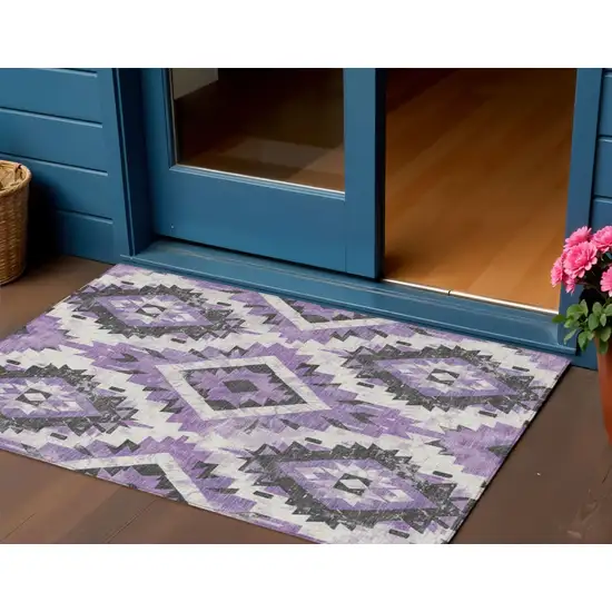 Purple And Gray Aztec Washable Indoor Outdoor Area Rug Photo 2