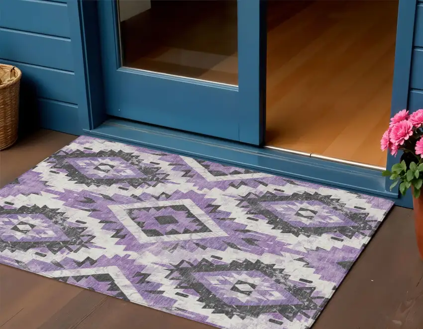 Purple And Gray Aztec Washable Indoor Outdoor Area Rug Photo 2