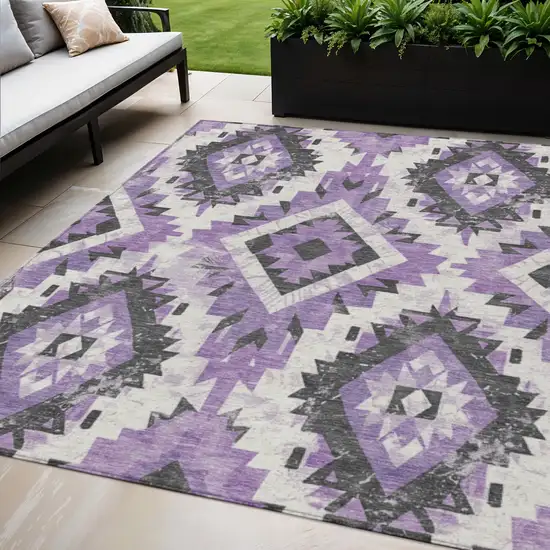 Purple And Gray Aztec Washable Indoor Outdoor Area Rug Photo 2