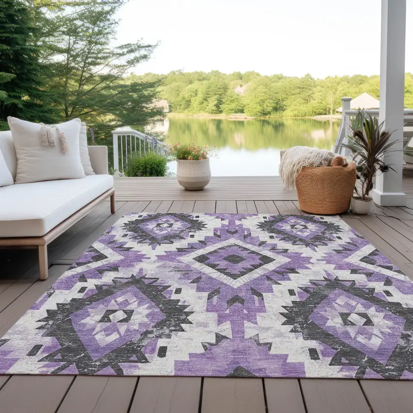Purple And Gray Aztec Washable Indoor Outdoor Area Rug Photo 5
