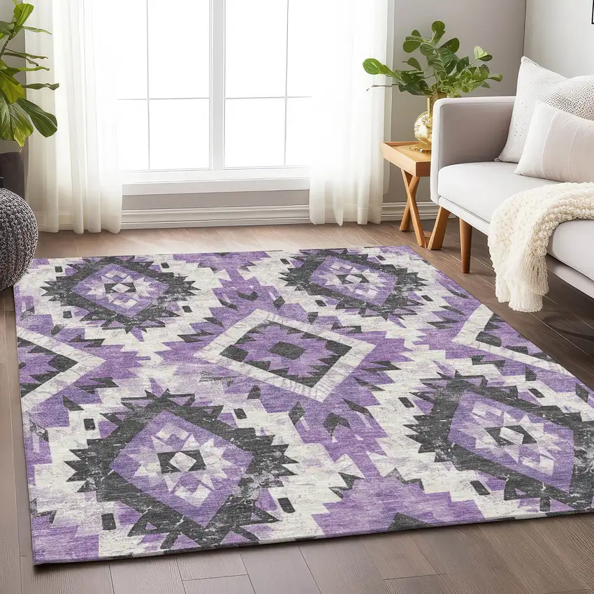 Purple And Gray Aztec Washable Indoor Outdoor Area Rug Photo 6