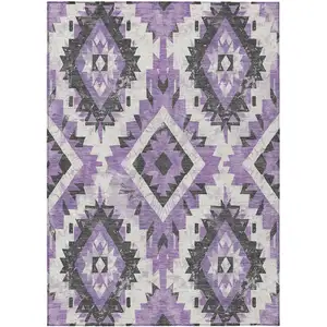 Photo of Purple And Gray Aztec Washable Indoor Outdoor Area Rug