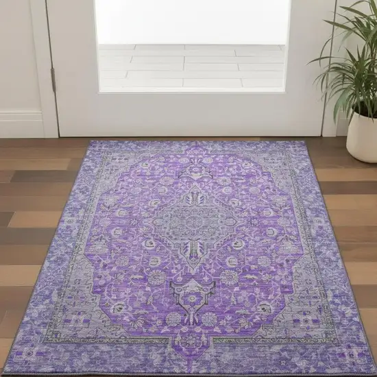 Purple And Gray Floral Medallion Washable Area Rug With UV Protection Photo 2