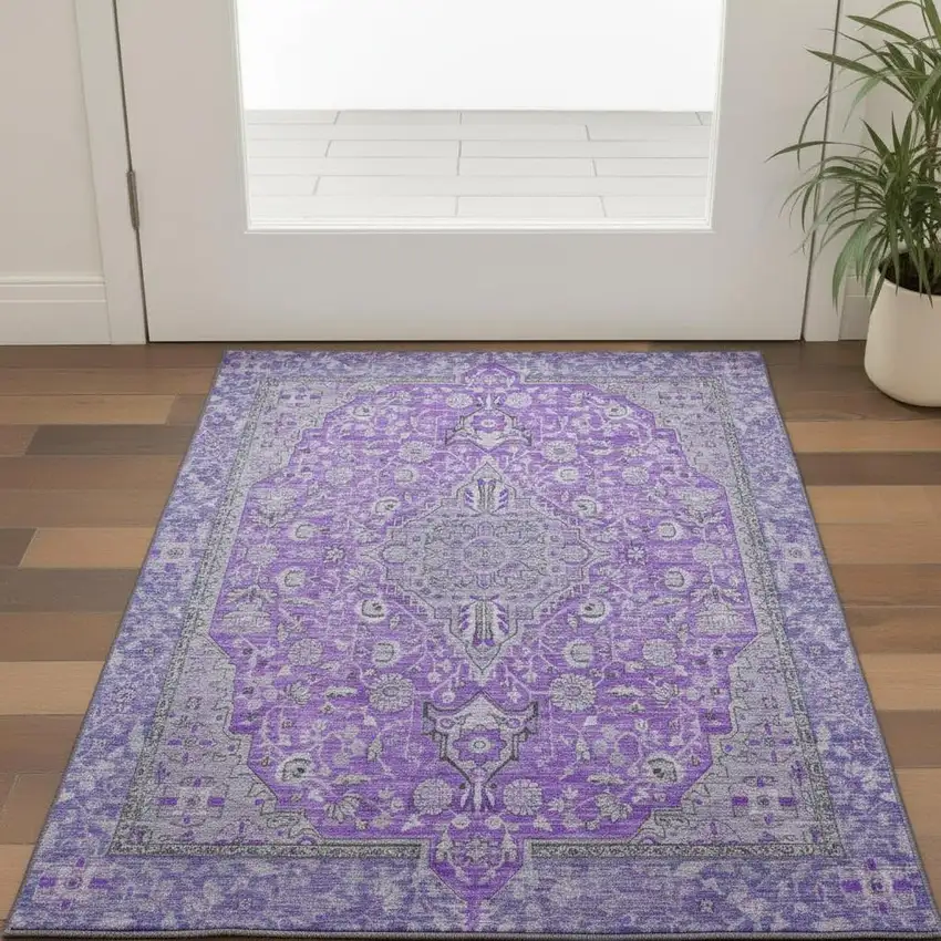 Purple And Gray Floral Medallion Washable Area Rug With UV Protection Photo 2