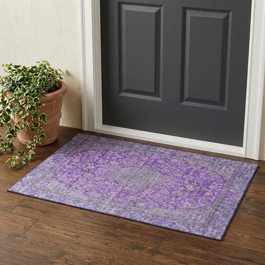Purple And Gray Floral Medallion Washable Area Rug With UV Protection Photo 1