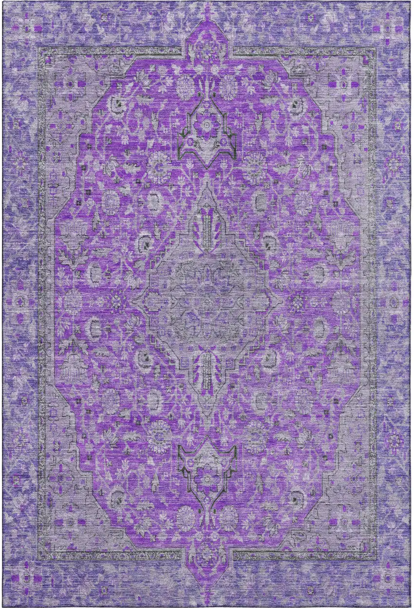 Purple And Gray Floral Medallion Washable Area Rug With UV Protection Photo 3