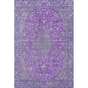 Photo of Purple And Gray Floral Medallion Washable Area Rug With UV Protection