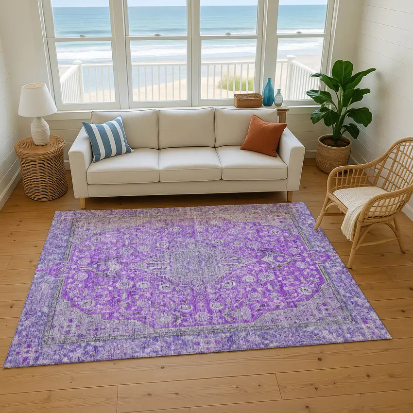Purple And Gray Floral Medallion Washable Area Rug With UV Protection Photo 5