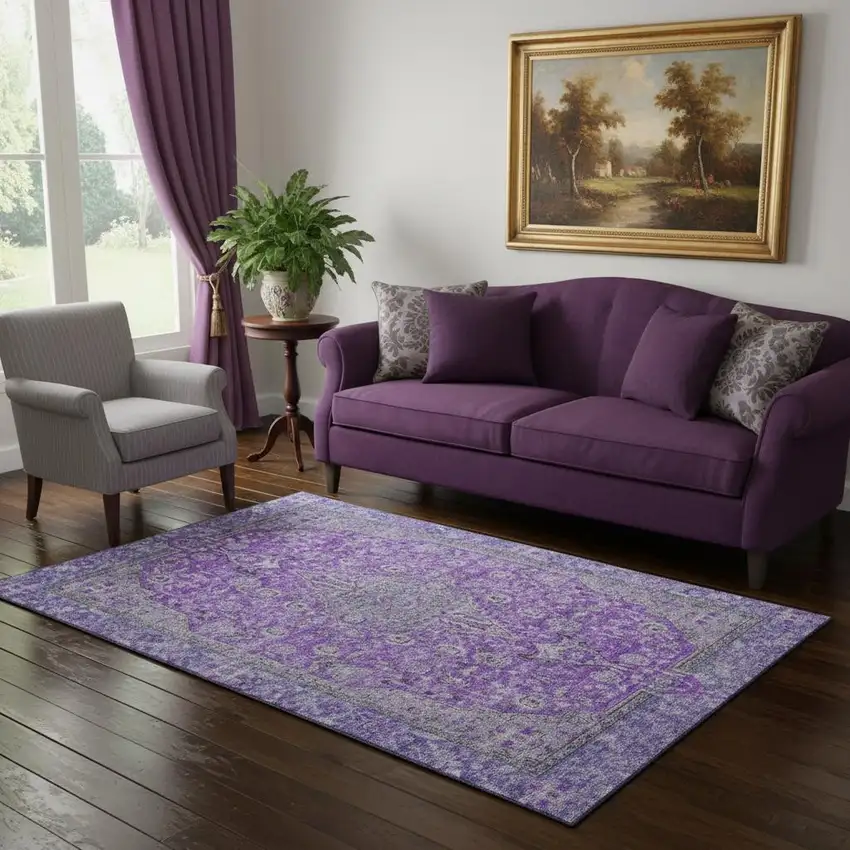 Purple And Gray Floral Medallion Washable Area Rug With UV Protection Photo 2