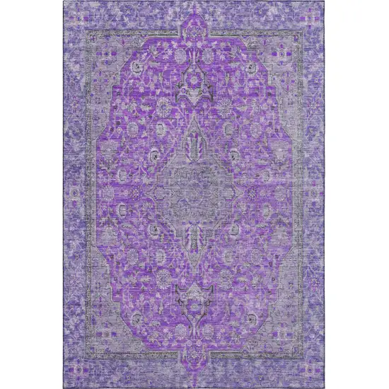 Purple And Gray Floral Medallion Washable Area Rug With UV Protection Photo 3