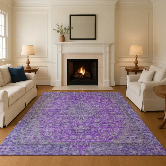 Purple And Gray Floral Medallion Washable Area Rug With UV Protection Photo 4