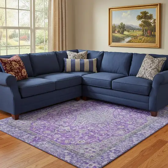 Purple And Gray Floral Medallion Washable Area Rug With UV Protection Photo 2