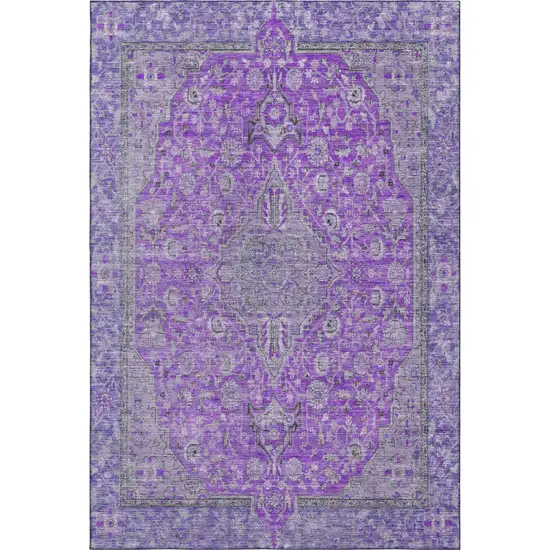 Purple And Gray Floral Medallion Washable Area Rug With UV Protection Photo 1