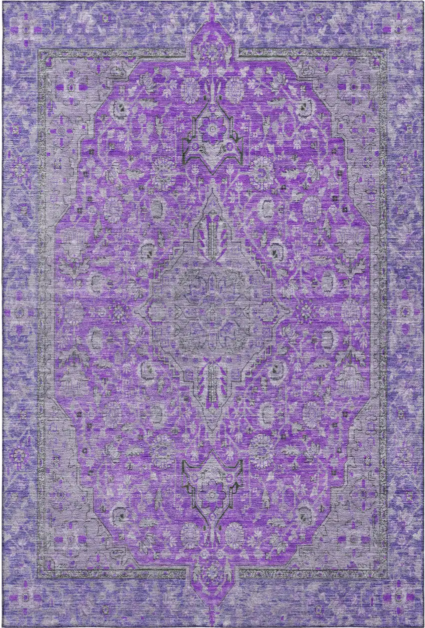 Purple And Gray Floral Medallion Washable Area Rug With UV Protection Photo 1