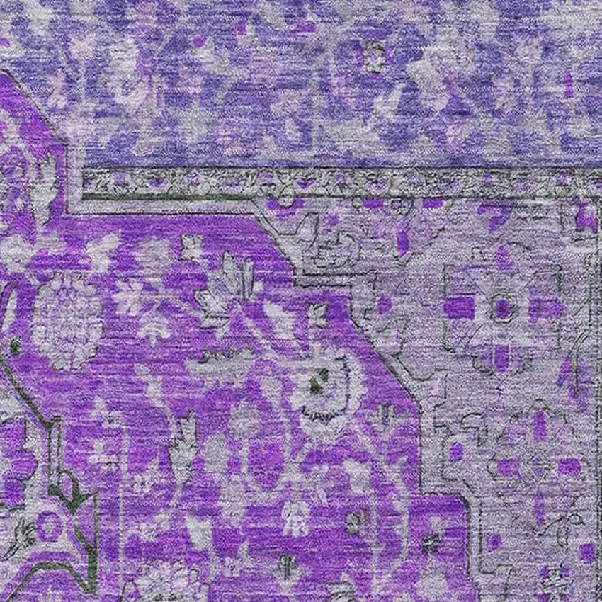Purple And Gray Floral Medallion Washable Area Rug With UV Protection Photo 2