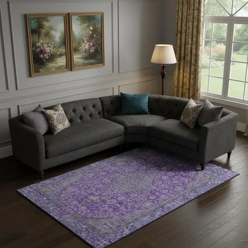 Purple And Gray Floral Medallion Washable Area Rug With UV Protection Photo 2