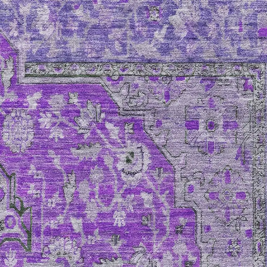 Purple And Gray Floral Medallion Washable Area Rug With UV Protection Photo 2