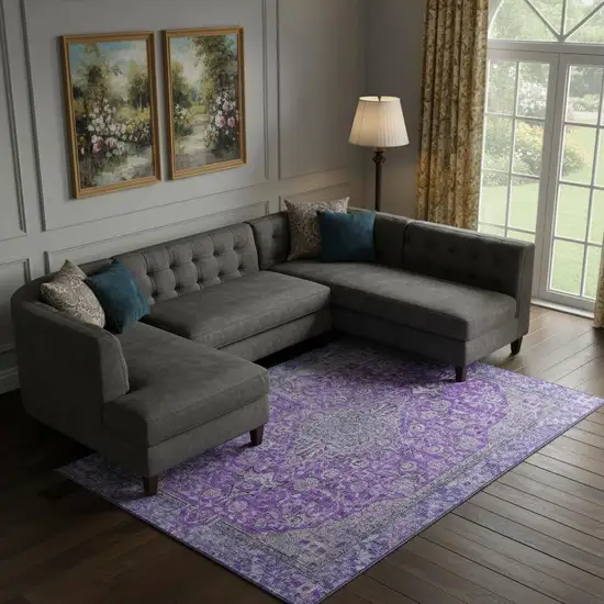 Purple And Gray Floral Medallion Washable Area Rug With UV Protection Photo 2