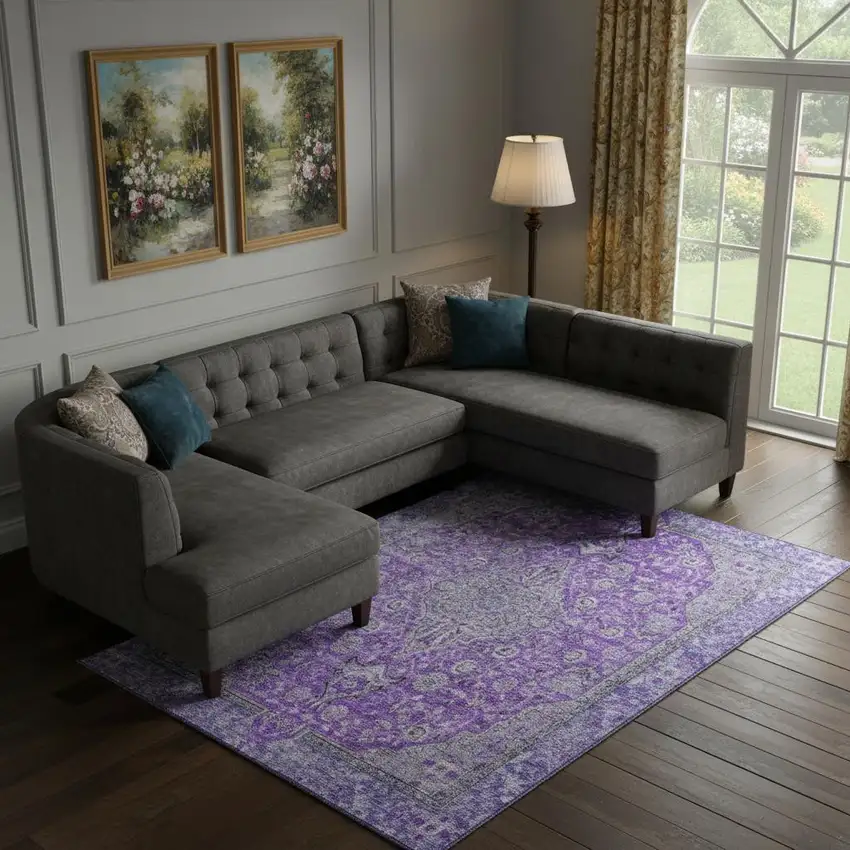 Purple And Gray Floral Medallion Washable Area Rug With UV Protection Photo 2