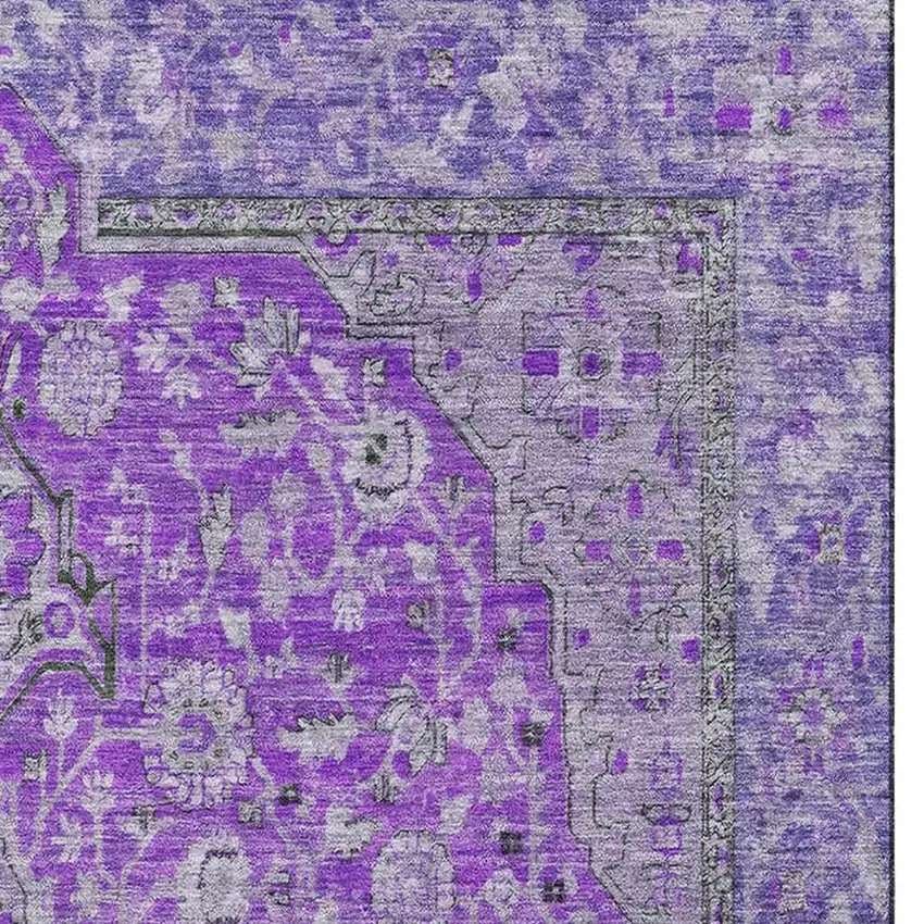 Purple And Gray Floral Medallion Washable Area Rug With UV Protection Photo 3