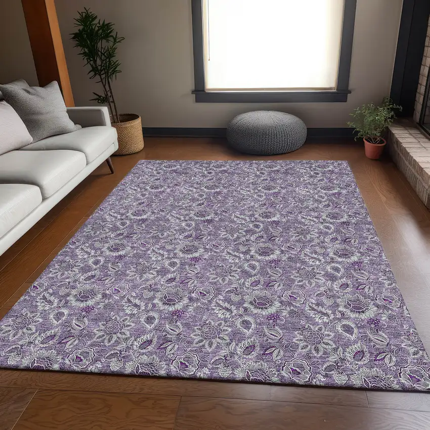 Purple And Gray Floral Washable Area Rug With UV Protection Photo 3