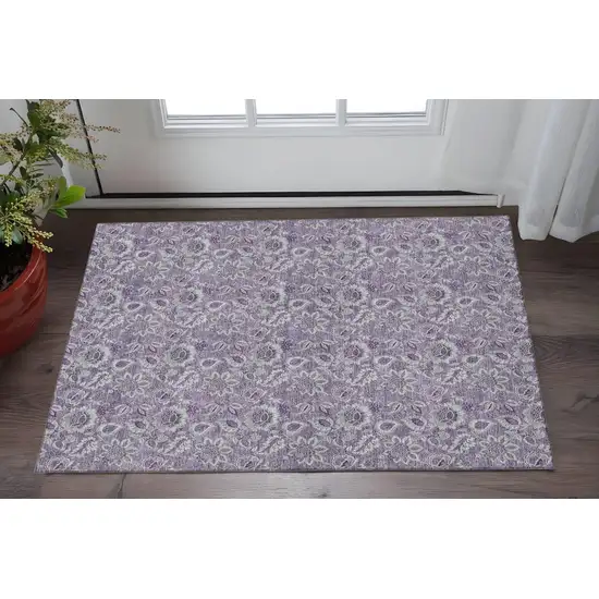 Purple And Gray Floral Washable Area Rug With UV Protection Photo 2