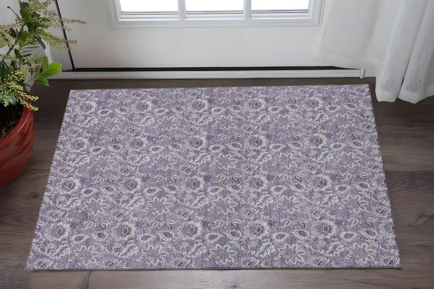 Purple And Gray Floral Washable Area Rug With UV Protection Photo 2