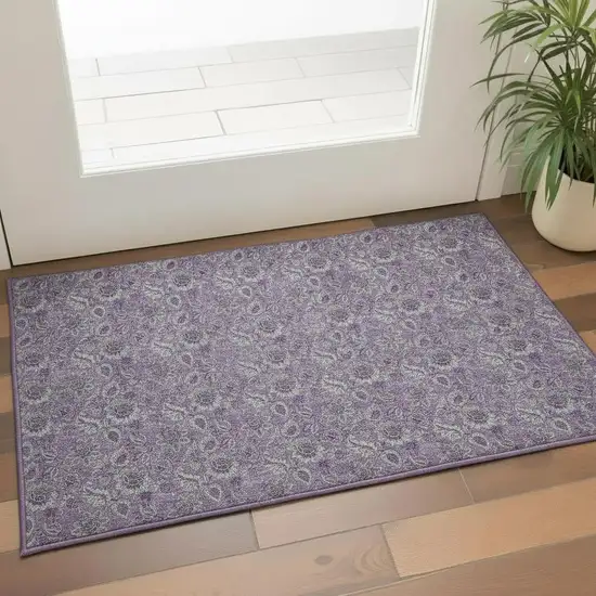 Purple And Gray Floral Washable Area Rug With UV Protection Photo 1
