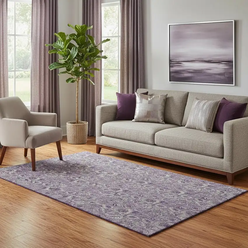 Purple And Gray Floral Washable Area Rug With UV Protection Photo 1