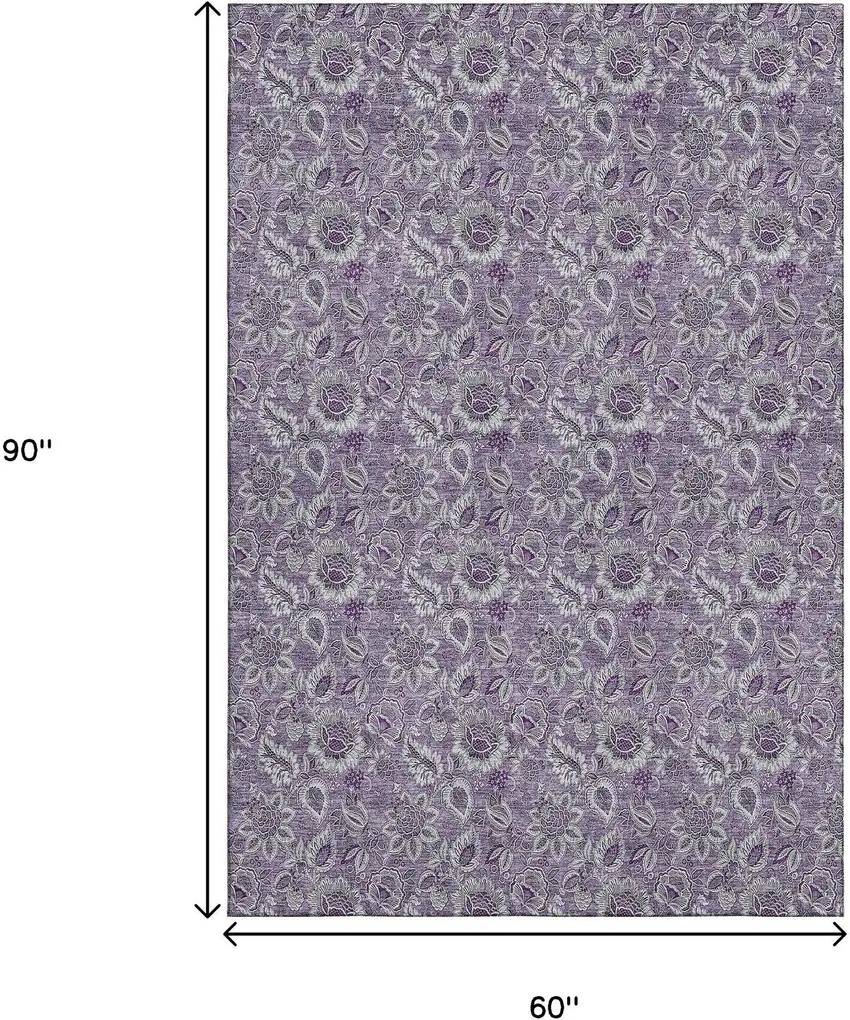 Purple And Gray Floral Washable Area Rug With UV Protection Photo 3