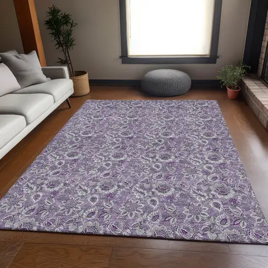Purple And Gray Floral Washable Area Rug With UV Protection Photo 5