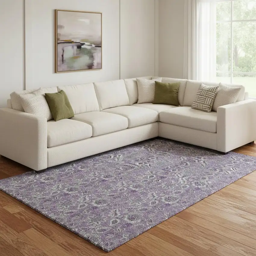 Purple And Gray Floral Washable Area Rug With UV Protection Photo 1