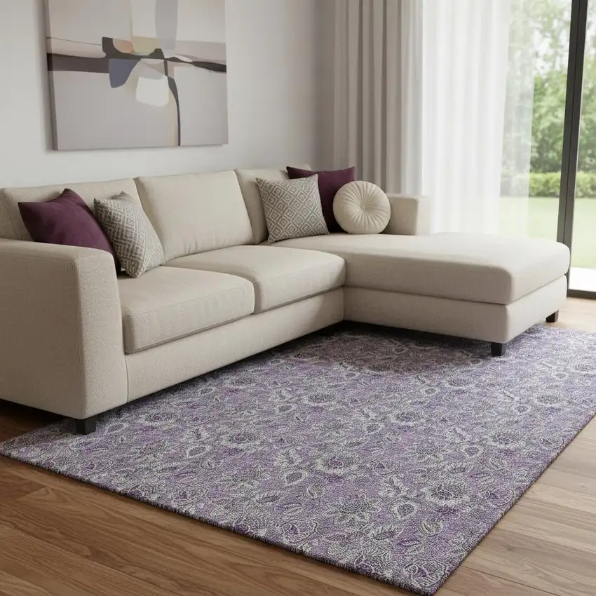 Purple And Gray Floral Washable Area Rug With UV Protection Photo 1