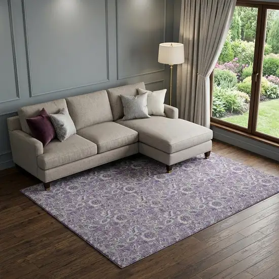 Purple And Gray Floral Washable Area Rug With UV Protection Photo 1