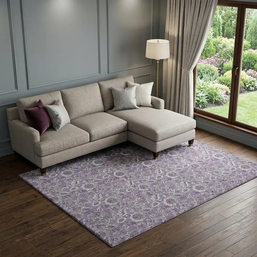 Purple And Gray Floral Washable Area Rug With UV Protection Photo 1