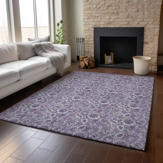 Purple And Gray Floral Washable Area Rug With UV Protection Photo 4