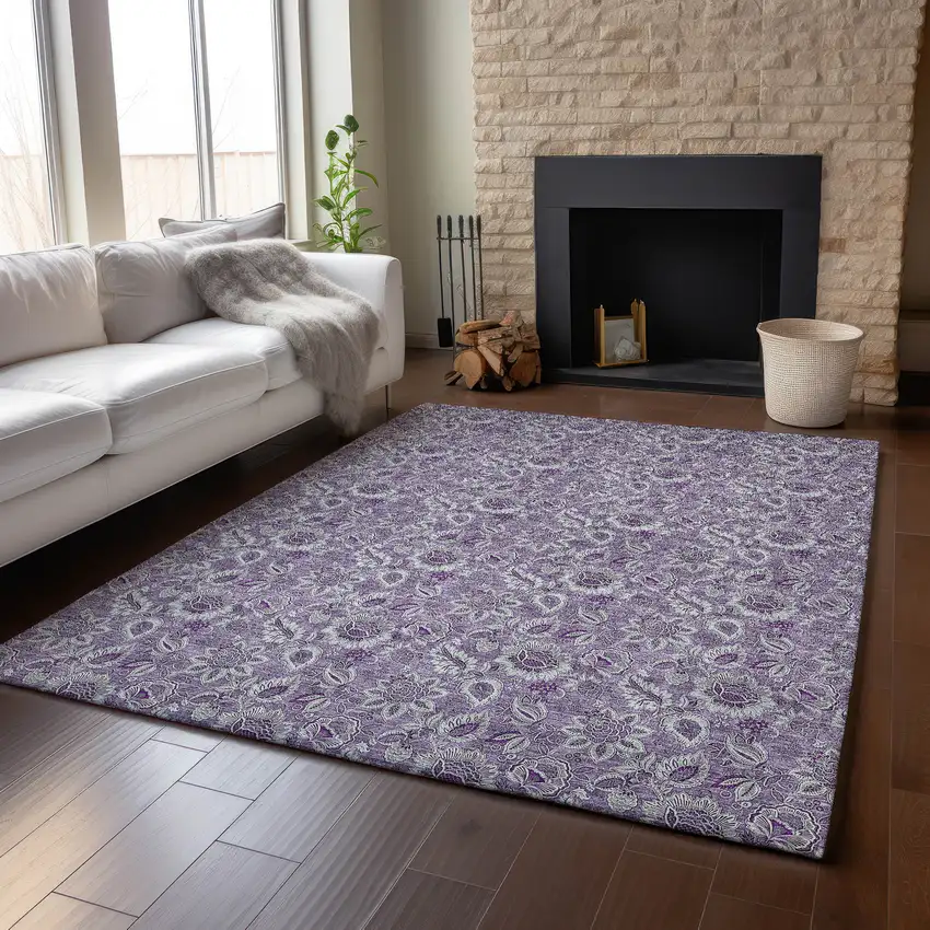Purple And Gray Floral Washable Area Rug With UV Protection Photo 4