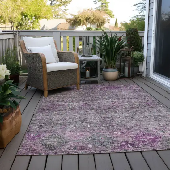 Purple And Gray Floral Washable Indoor Outdoor Area Rug Photo 9