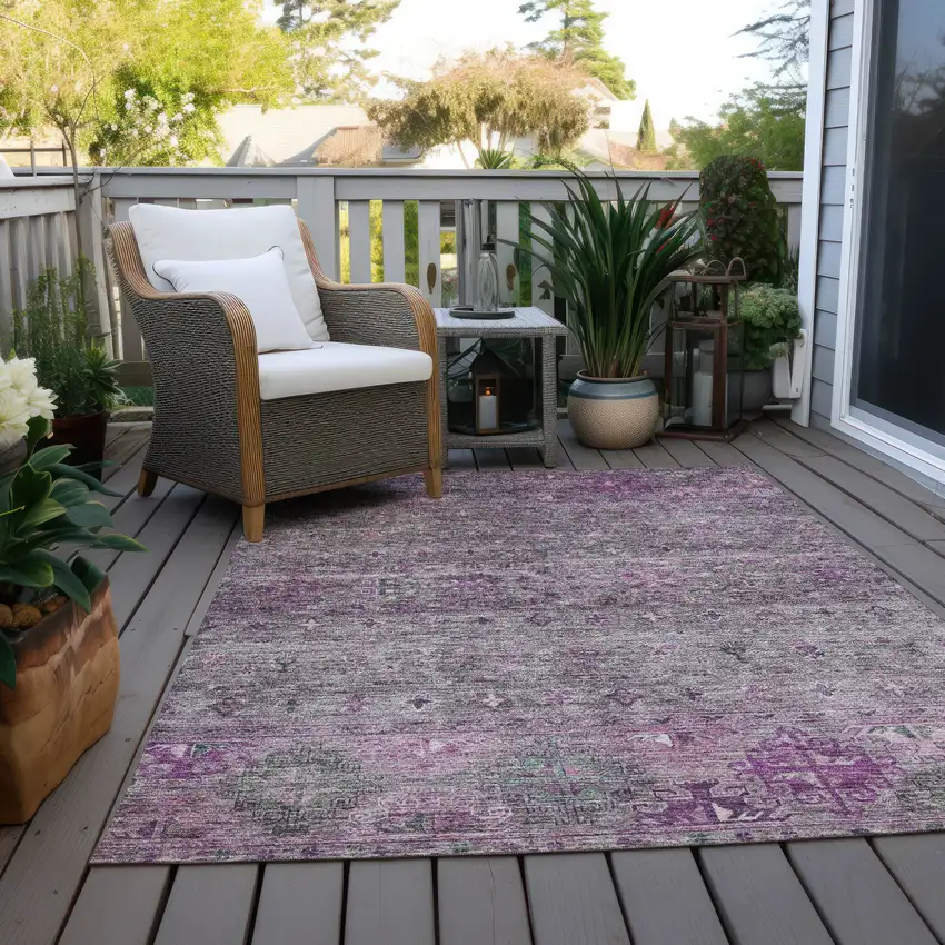 Purple And Gray Floral Washable Indoor Outdoor Area Rug Photo 9