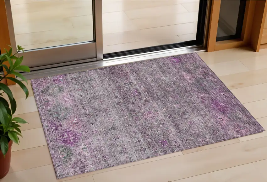 Purple And Gray Floral Washable Indoor Outdoor Area Rug Photo 1