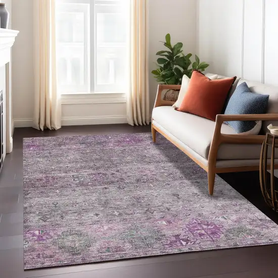 Purple And Gray Floral Washable Indoor Outdoor Area Rug Photo 8
