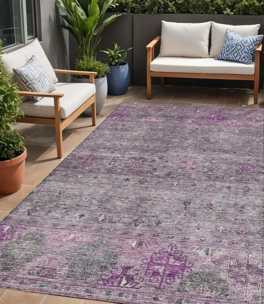Purple And Gray Floral Washable Indoor Outdoor Area Rug Photo 1