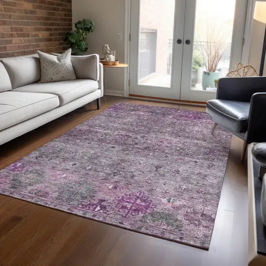 Purple And Gray Floral Washable Indoor Outdoor Area Rug Photo 9