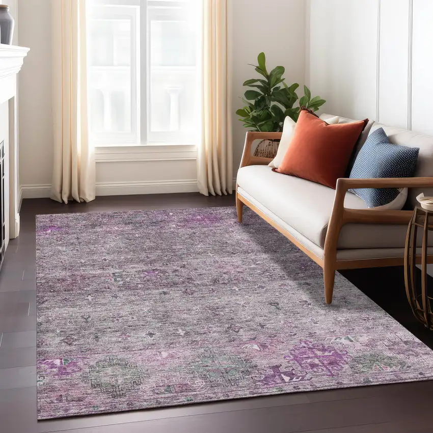 Purple And Gray Floral Washable Indoor Outdoor Area Rug Photo 9