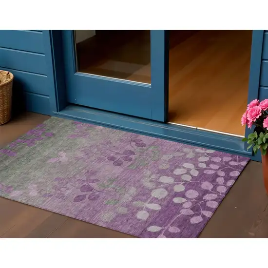 Purple And Gray Floral Washable Indoor Outdoor Area Rug Photo 2